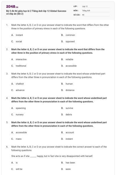 Bộ 5 đề thi giữa học kì 2 Tiếng Anh lớp 12 Global Success có đáp án (Đề 2)