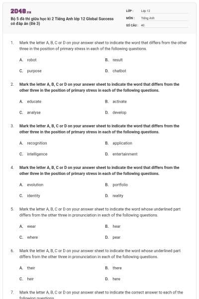 Bộ 5 đề thi giữa học kì 2 Tiếng Anh lớp 12 Global Success có đáp án (Đề 3)