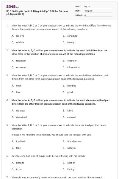 Bộ 5 đề thi giữa học kì 2 Tiếng Anh lớp 12 Global Success có đáp án (Đề 4)