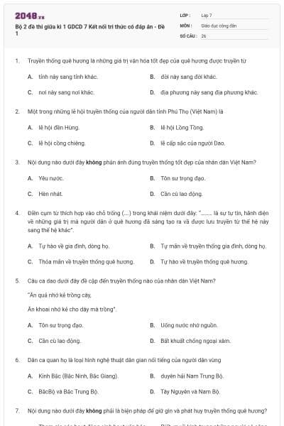 Bộ 2 đề thi giữa kì 1 GDCD 7 Kết nối tri thức có đáp án - Đề 1