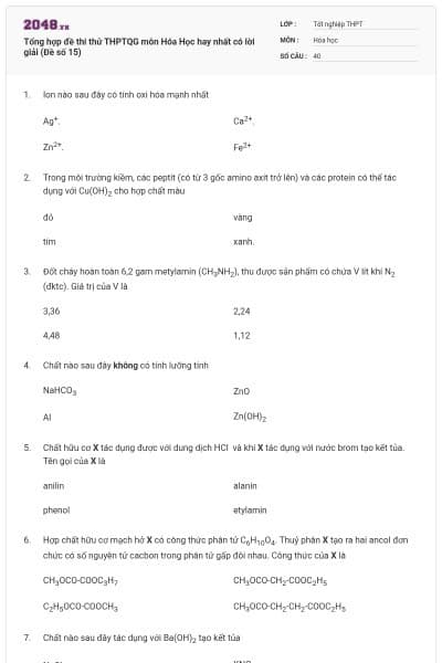 Tổng hợp đề thi thử THPTQG môn Hóa Học hay nhất có lời giải (Đề số 15)
