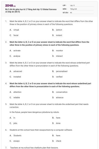 Bộ 5 đề thi giữa học kì 2 Tiếng Anh lớp 12 Global Success có đáp án (Đề 5)