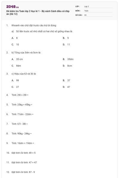 Đề kiểm tra Toán lớp 2 Học kì 1 - Bộ sách Cánh diều có đáp án (Đề 12)