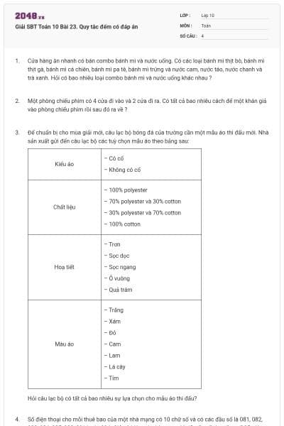 Giải SBT Toán 10 Bài 23. Quy tắc đếm có đáp án