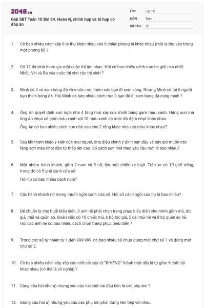 Giải SBT Toán 10 Bài 24. Hoán vị, chỉnh hợp và tổ hợp có đáp án