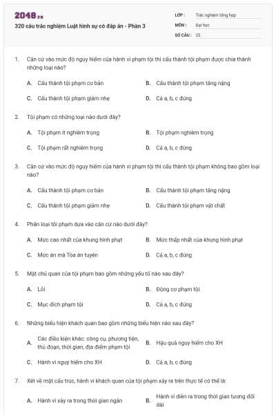320 câu trắc nghiệm Luật hình sự có đáp án - Phần 3