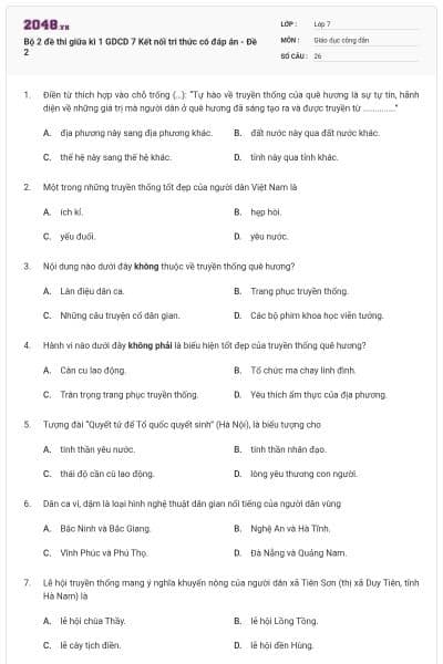 Bộ 2 đề thi giữa kì 1 GDCD 7 Kết nối tri thức có đáp án - Đề 2