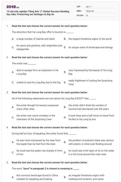15 câu trắc nghiệm Tiếng Anh 11 Global Success Reading đọc hiểu: Preserving our heritage có đáp án