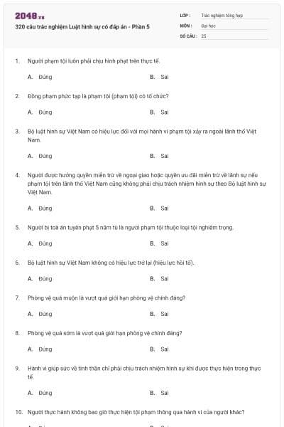 320 câu trắc nghiệm Luật hình sự có đáp án - Phần 5