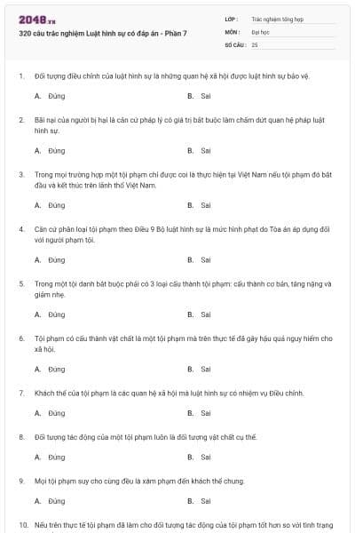 320 câu trắc nghiệm Luật hình sự có đáp án - Phần 7