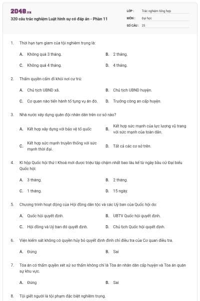 320 câu trắc nghiệm Luật hình sự có đáp án - Phần 11