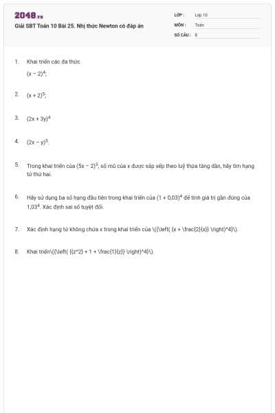 Giải SBT Toán 10 Bài 25. Nhị thức Newton có đáp án