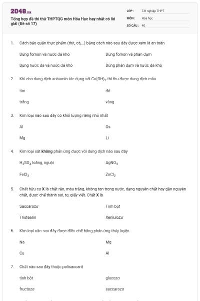 Tổng hợp đề thi thử THPTQG môn Hóa Học hay nhất có lời giải (Đề số 17)