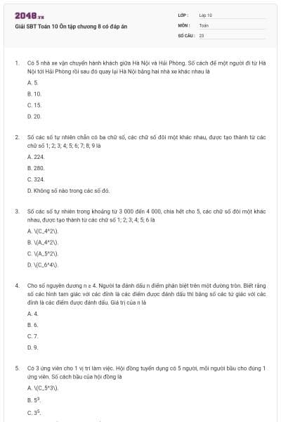 Giải SBT Toán 10 Ôn tập chương 8 có đáp án