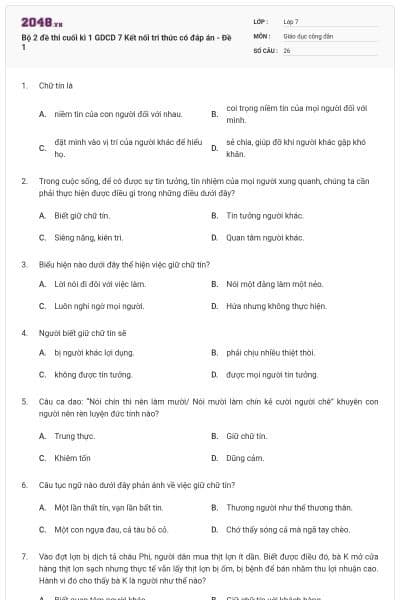 Bộ 2 đề thi cuối kì 1 GDCD 7 Kết nối tri thức có đáp án - Đề 1