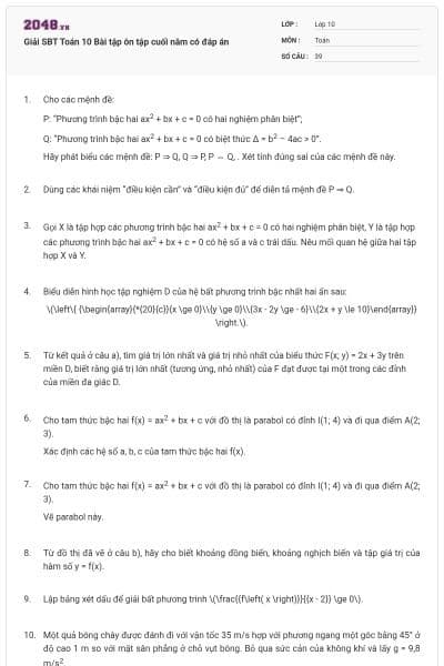 Giải SBT Toán 10 Bài tập ôn tập cuối năm có đáp án