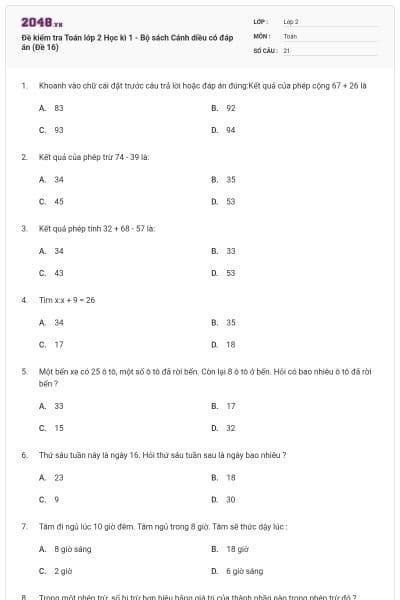 Đề kiểm tra Toán lớp 2 Học kì 1 - Bộ sách Cánh diều có đáp án (Đề 16)