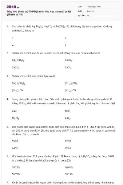 Tổng hợp đề thi thử THPTQG môn Hóa Học hay nhất có lời giải (Đề số 18)