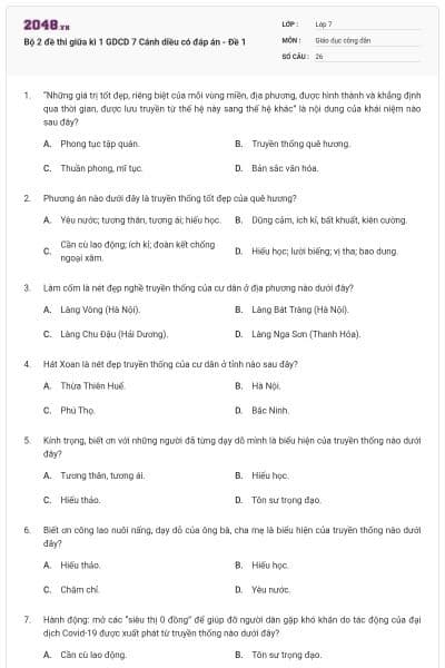 Bộ 2 đề thi giữa kì 1 GDCD 7 Cánh diều có đáp án - Đề 1