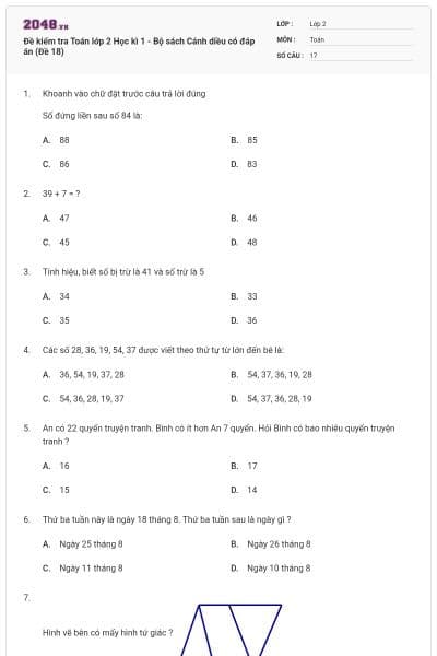 Đề kiểm tra Toán lớp 2 Học kì 1 - Bộ sách Cánh diều có đáp án (Đề 18)