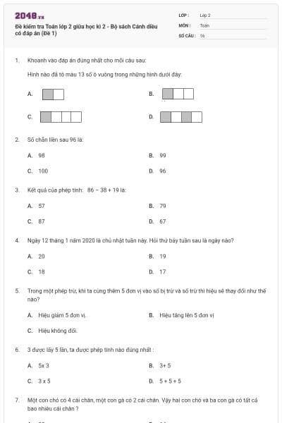 Đề kiểm tra Toán lớp 2 giữa học kì 2 - Bộ sách Cánh diều có đáp án (Đề 1)