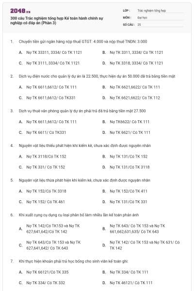 300 câu Trắc nghiệm tổng hợp Kế toán hành chính sự nghiệp có đáp án (Phần 3)