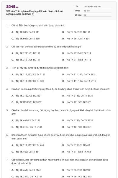 300 câu Trắc nghiệm tổng hợp Kế toán hành chính sự nghiệp có đáp án (Phần 4)