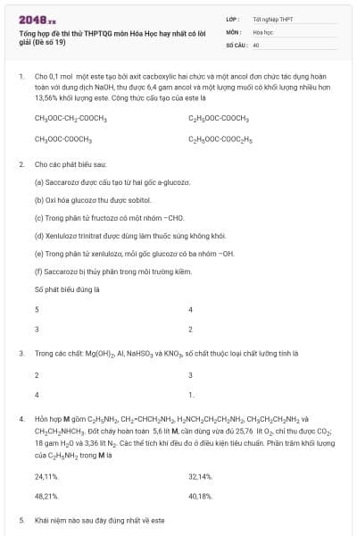 Tổng hợp đề thi thử THPTQG môn Hóa Học hay nhất có lời giải (Đề số 19)