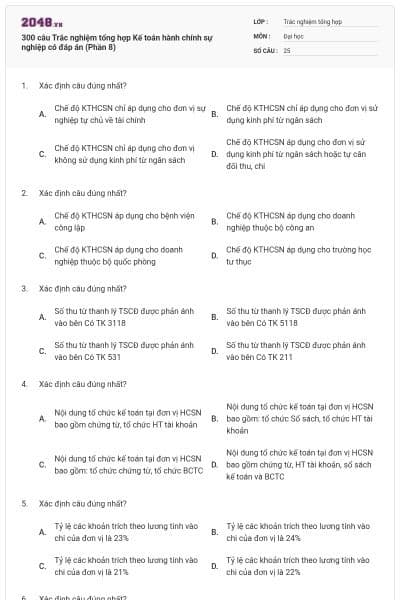 300 câu Trắc nghiệm tổng hợp Kế toán hành chính sự nghiệp có đáp án (Phần 8)