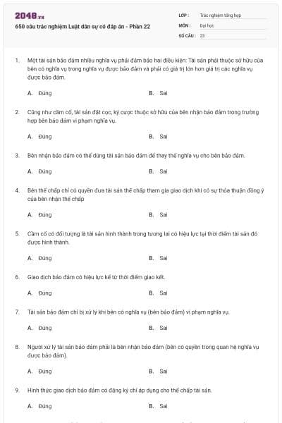650 câu trắc nghiệm Luật dân sự có đáp án - Phần 22