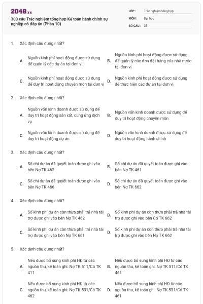 300 câu Trắc nghiệm tổng hợp Kế toán hành chính sự nghiệp có đáp án (Phần 10)