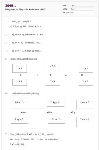 Bảng nhân 3 – Bảng nhân 4 có đáp án - Đề 3