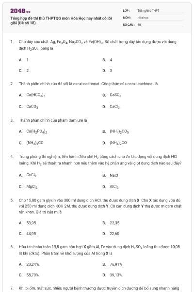 Tổng hợp đề thi thử THPTQG môn Hóa Học hay nhất có lời giải (Đề số 18)