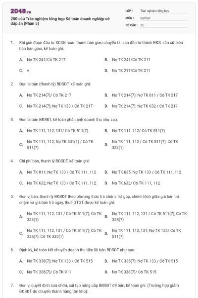 250 câu Trắc nghiệm tổng hợp Kế toán doanh nghiệp có đáp án (Phần 5)