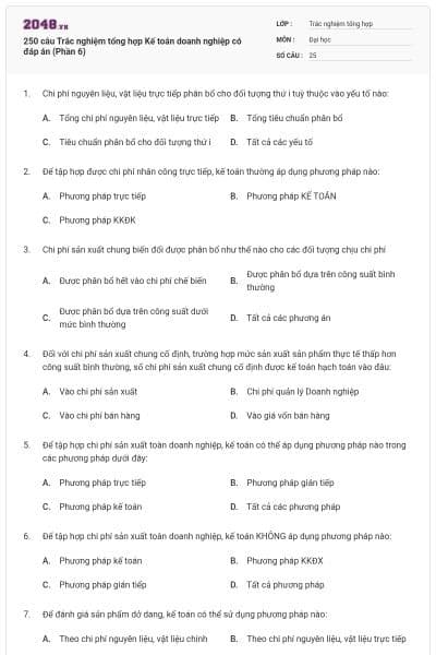 250 câu Trắc nghiệm tổng hợp Kế toán doanh nghiệp có đáp án (Phần 6)