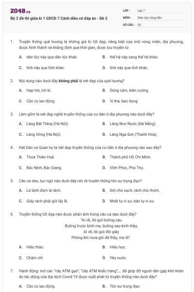 Bộ 2 đề thi giữa kì 1 GDCD 7 Cánh diều có đáp án - Đề 2