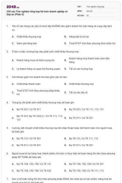 250 câu Trắc nghiệm tổng hợp Kế toán doanh nghiệp có đáp án (Phần 8)