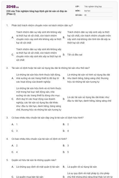 220 câu Trắc nghiệm tổng hợp Định giá tài sản có đáp án (Phần 2)