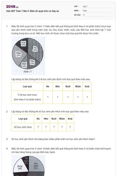 Giải SBT Toán 7 Bài 4: Biểu đồ quạt tròn có đáp án