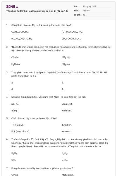 Tổng hợp đề thi thử Hóa Học cực hay có đáp án (Đề số 14)