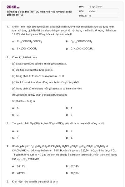 Tổng hợp đề thi thử THPTQG môn Hóa Học hay nhất có lời giải (Đề số 19)