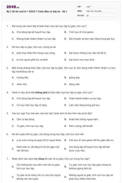 Bộ 2 đề thi cuối kì 1 GDCD 7 Cánh diều có đáp án - Đề 1