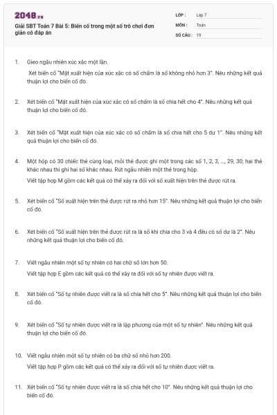 Giải SBT Toán 7 Bài 5: Biến cố trong một số trò chơi đơn giản có đáp án