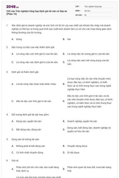 220 câu Trắc nghiệm tổng hợp Định giá tài sản có đáp án (Phần 10)