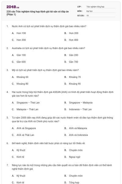 220 câu Trắc nghiệm tổng hợp Định giá tài sản có đáp án (Phần 1)