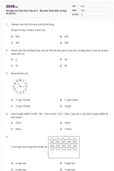 Đề kiểm tra Toán lớp 2 Học kì 2 - Bộ sách Cánh diều có đáp án (Đề 5)