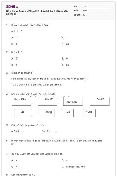 Đề kiểm tra Toán lớp 2 Học kì 2 - Bộ sách Cánh diều có đáp án (Đề 6)