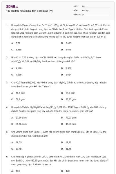 100 câu trắc nghiệm Sự điện li nâng cao (P4)