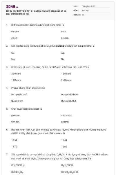 Đề thi thử THPTQG 2019 Hóa Học mức độ nâng cao có lời giải chi tiết (Đề số 13)