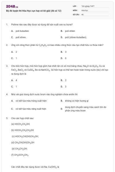 Bộ đề luyện thi Hóa Học cực hay có lời giải (đề số 12)